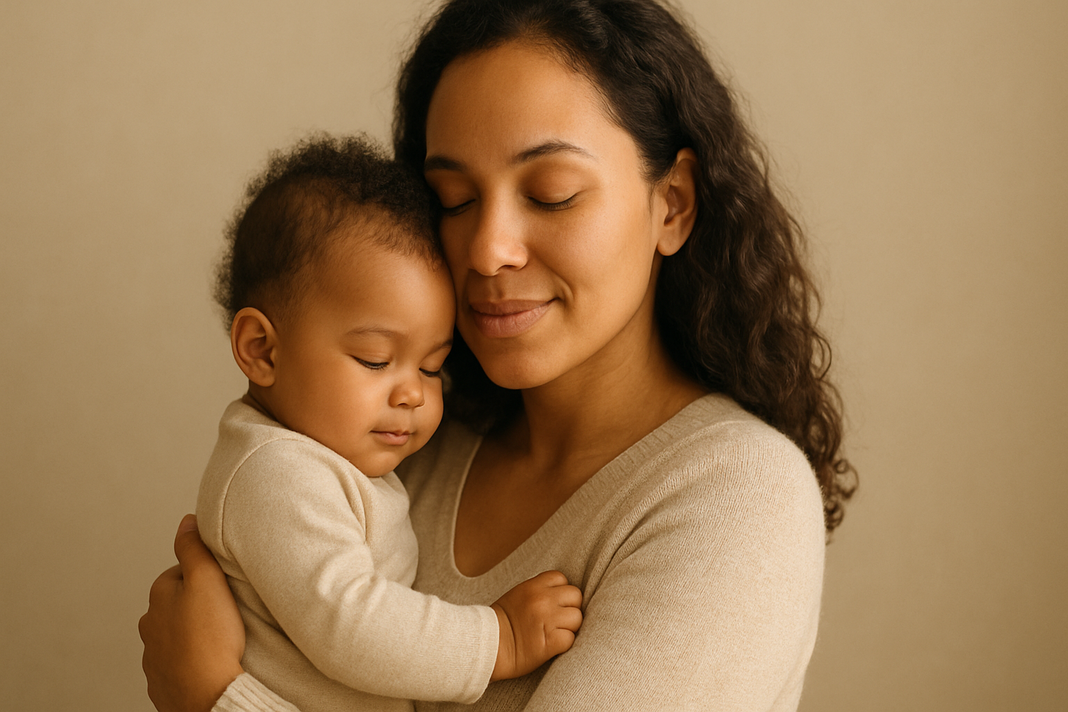 Woman holding a baby against a beige background